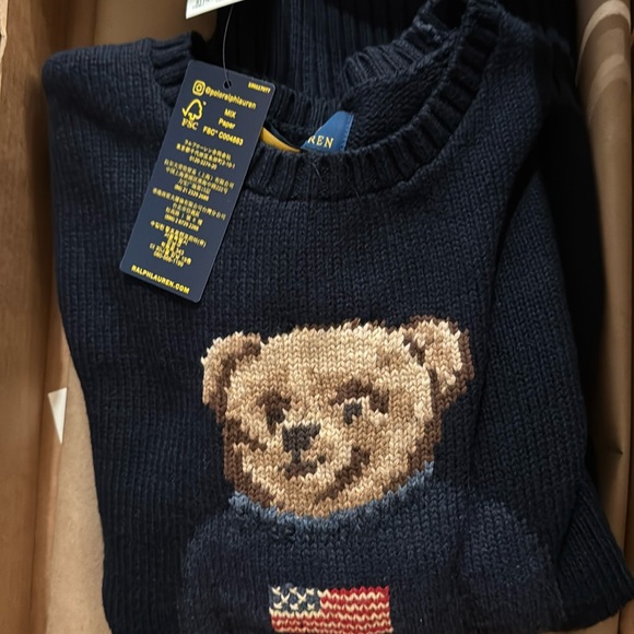 RL navy teddy bear sweater. BRAND NEW WITH TAGS. This is a boys large. - Picture 1 of 2